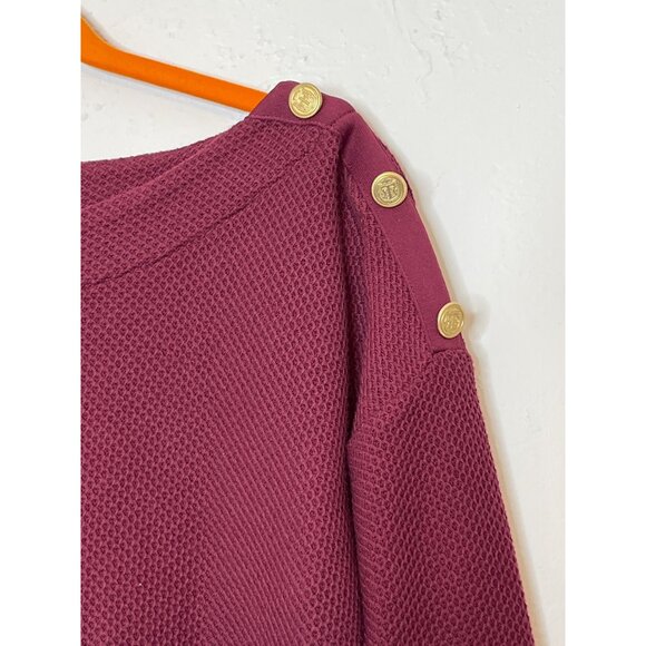 Talbots Knit Bateau Neck Dress Waffle Knit Long‎ Sleeve Red Burgundy Cotton M - Picture 3 of 8